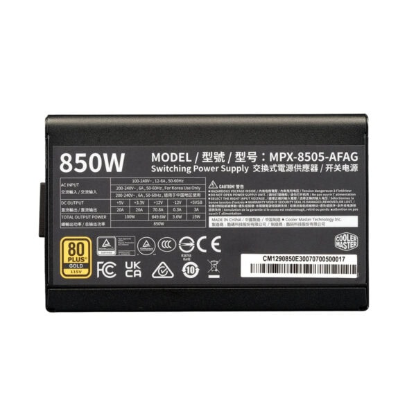 Cooler Master Elite Gold 850W 80+ Gold PCIe 5.1 tam modüler ATX güç kaynağı, yüksek performans ve enerji verimliliği sağlar.