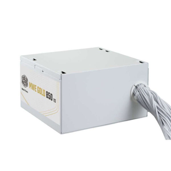 Cooler Master MWE Gold V3 850W güç kaynağı, 80+ Gold verimlilik, PCIe 5.0 ve ATX 3.1 uyumlu, beyaz renkli ve yüksek performanslı bilgisayar güç kaynağı.