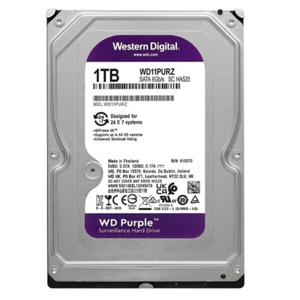 WD Purple 1TB 5400Rpm SATA 3.0 hard disk, 64MB önbellek, 7/24 kullanım, 3.5 inç, güvenilir ve yüksek performanslı CCTV ve güvenlik sistemleri için.