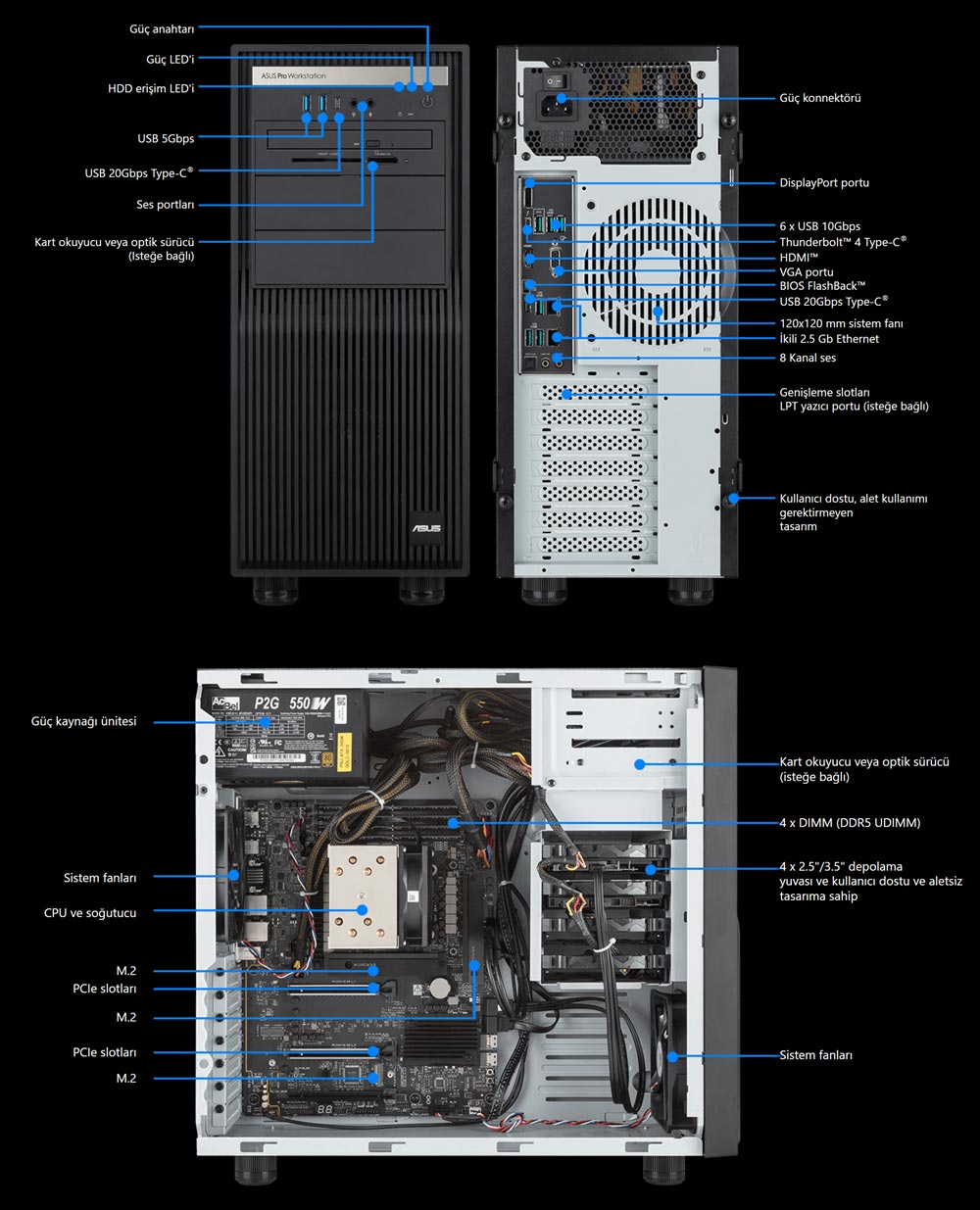 ExpertCenter Pro ET500I W8 ASUS ExpertCenter Pro ET500I W8U9RTX5000D Intel Core Ultra 9-285K NVIDIA RTX PRO 5000 Blackwell 48GB GDDR7 128GB DDR5 4TB M.2 SSD FreeDos Masaüstü İş İstasyonu h12