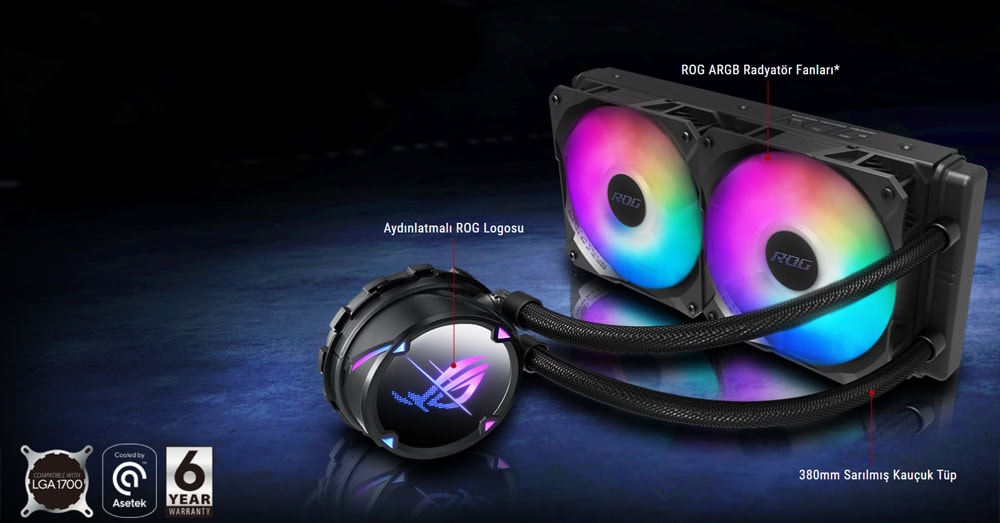 ROG STRIX LC II 240 ARGB ARGB aydınlatmalı ASUS ROG logo ve fanlar ile uyumlu 240mm sıvı soğutucu.