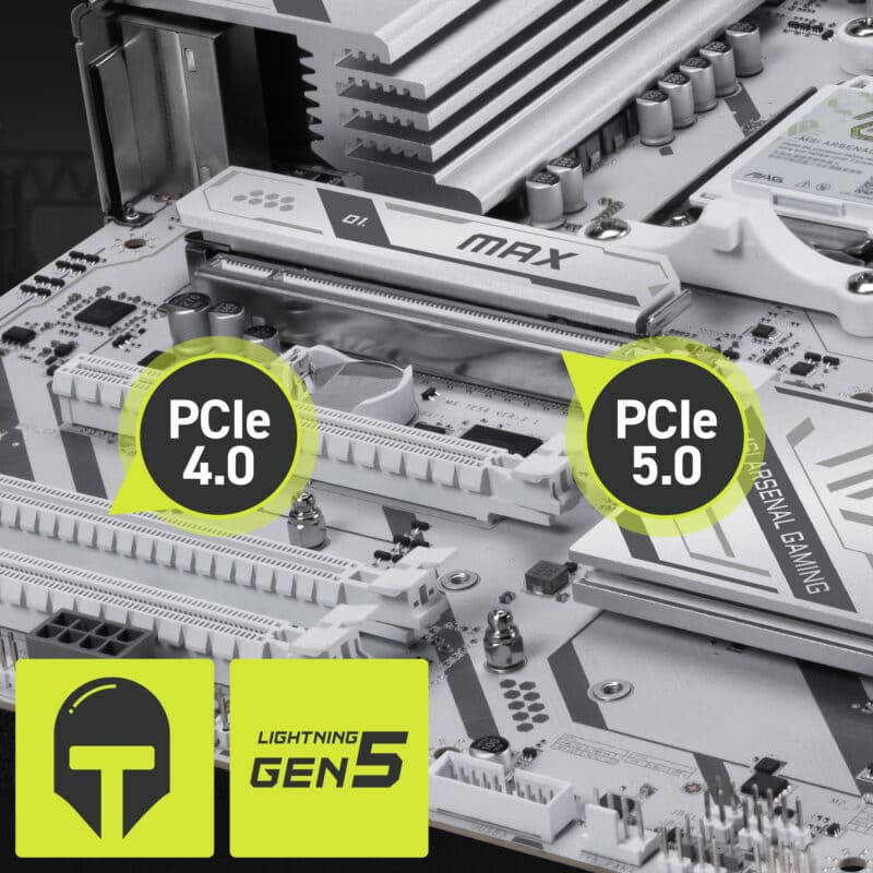 Anakart üzerinde PCIe 4.0 ve PCIe 5.0 yuvaları, DDR5 RAM slotları ve M.2 yuvaları bulunuyor. Yüksek performans ve genişleme seçenekleri sunan bu anakart, oyun ve yüksek performanslı bilgisayar sisteml.