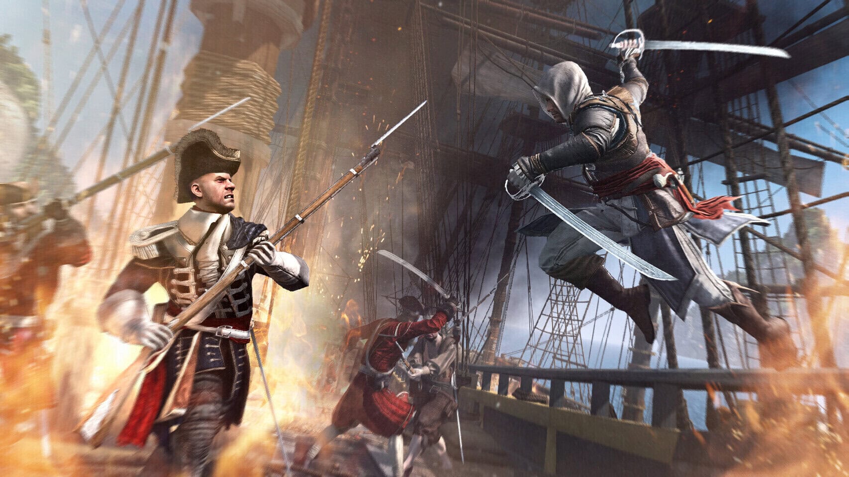 Assassin's Creed Black Flag Resynced oyununda korsanlar ve askerler arasında yoğun deniz savaşları ve korsan dövüşleri.