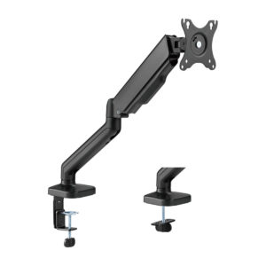 Brateck 17-32 inç amortisörlü siyah monitör kolu, ergonomik çalışma alanları için ideal, yüksek dayanıklılık ve ayarlanabilirlik sağlar.