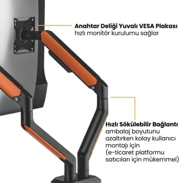 Brateck 17 32 Inç Uyumlu İki Kollu Amortisörlü Rgb Turuncu Gaming Monitör Kolu 4
