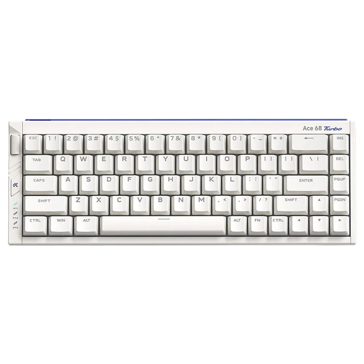 Ace 68 Turbo Esports beyaz renkli mekanik oyun klavyesi, montaj, GT 16K Hz Hall Effect anahtarlar ve RGB aydınlatma özellikleriyle yüksek performans sağlar.