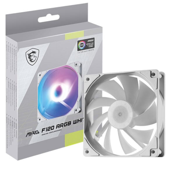 MSI MAG F120 ARGB Beyaz 120mm kasa fanı, şık beyaz tasarımı ve ARGB aydınlatmasıyla bilgisayar kasası içi soğutma ve estetik sağlar.