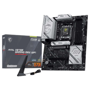 MSI MAG X870E GAMING MAX WIFI anakart, yüksek performanslı DDR5 ve AM5 soket desteği ile oyun ve profesyonel kullanım için ideal. 8200MHz OC hızında RAM ve HDMI, USB4 bağlantı seçenekleri sunar.