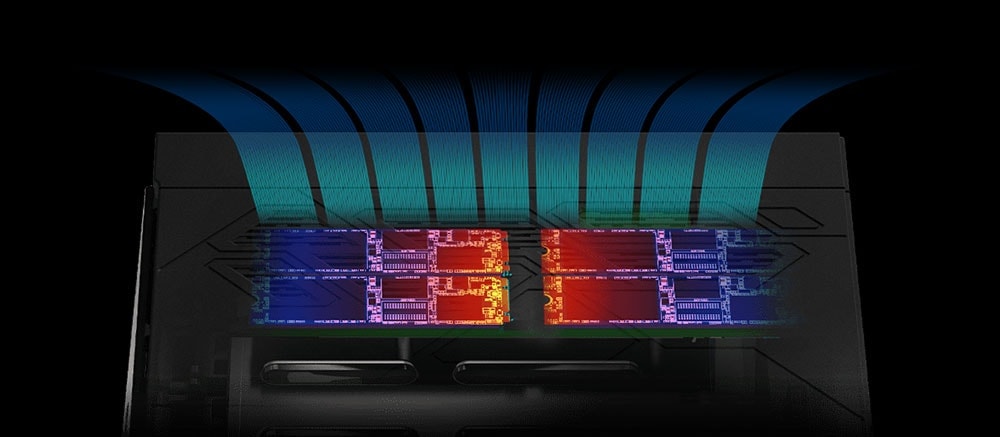 AS5404T Yüksek performanslı dizüstü oyun bilgisayarı iç donanım detaylarını gösteren yakın çekim, RGB aydınlatmalı genç ve modern teknoloji cihazı.