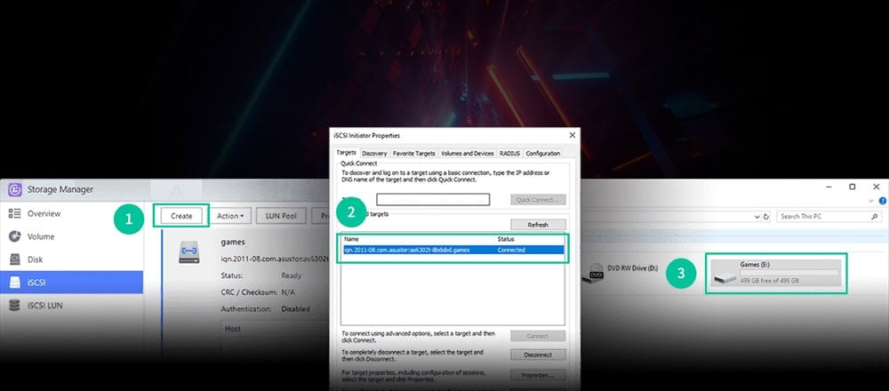 AS5404T Sunucu bağlantısı için iSCSI hedef ayarlarını gösteren bilgisayar ekran görüntüsü, ağ depolama ve veri erişimi, Windows ile iSCSI yapılandırması, çevrimiçi ağ aktarımı görseli, bilgisayar ve depolama cihazlarıyla çalışma.
