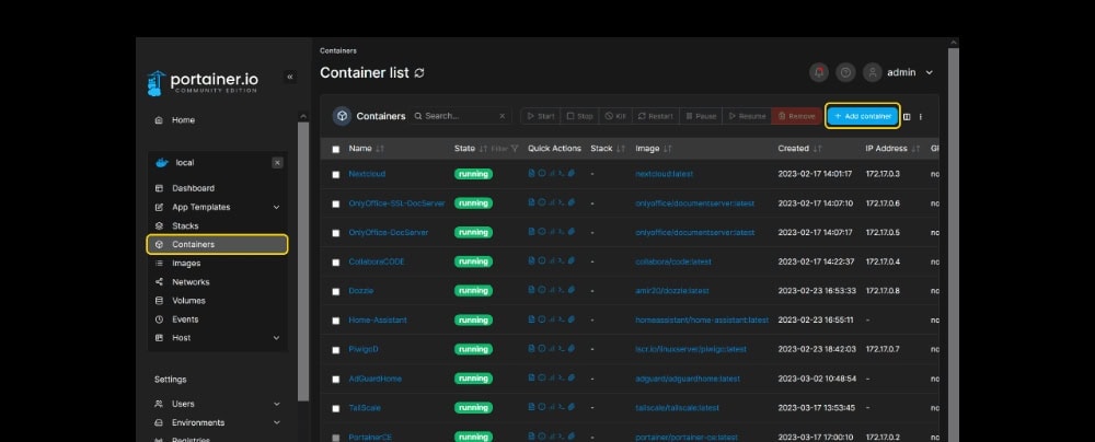 AS5402T Portainer.io container management dashboard screenshot, container list view showing running containers, server management interface for Docker environments, optimized for web hosting and server administration, user-friendly control panel for container orchestration.