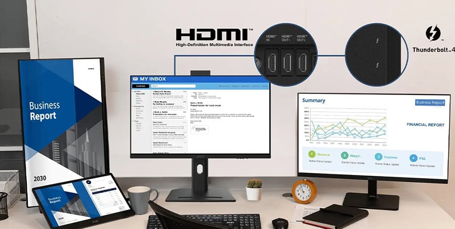 Çok monitörlü çalışma alanı, bilgisayar ve ofis ekipmanlarıyla donatılmış modern ofis ortamı.