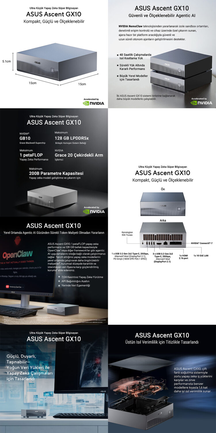 ASUS Ascent GX10 ASUS Ascent GX10-GG0027BN Nvidia GB10 CPU Blackwell GPU 128GB LPDDR5x 4TB SSD Yapay Zeka Süper Bilgisayar h3