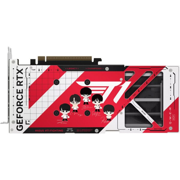 ASUS T1 GeForce RTX 5060 Ti 8GB GDDR7 OC Edition ekran kartı, kırmızı ve siyah tasarımıyla detaylı görünüm.