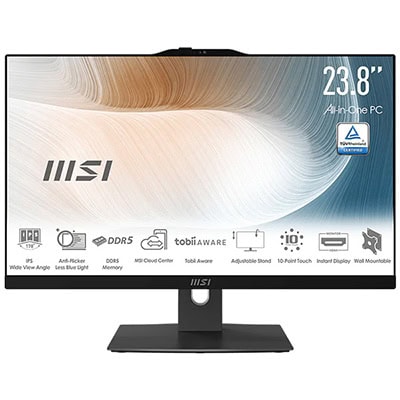 MSI Modern AM242P 23.8 inç Full HD All In One bilgisayar, geniş ekran, dokunmatik özellikler ve şık tasarım ile ofis ve ev kullanımı için ideal.